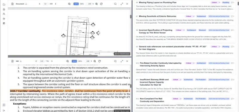 InspectMind AI plan checker detecting code violations, spec vs drawing conflicts, and coordination issues in construction drawings